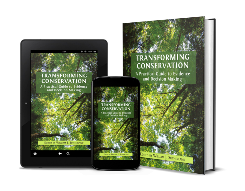 The "Transforming Conservation" book displayed as a physical book, on a tablet and on a mobile phone.
